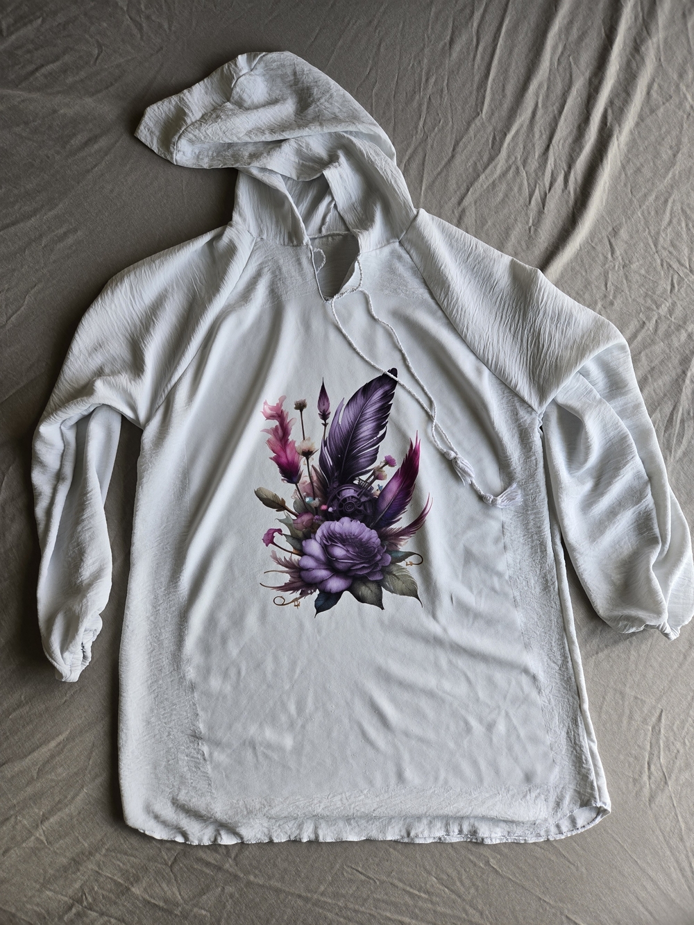 Boho Textured White Lightweight Graphic Hoodie - Purple Floral & Feather Print